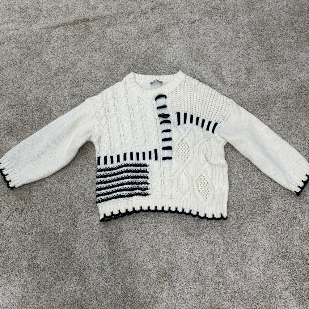 Blue B Collection‎ women's large Cream Black Patchwork chunky Cable Knit Sweater